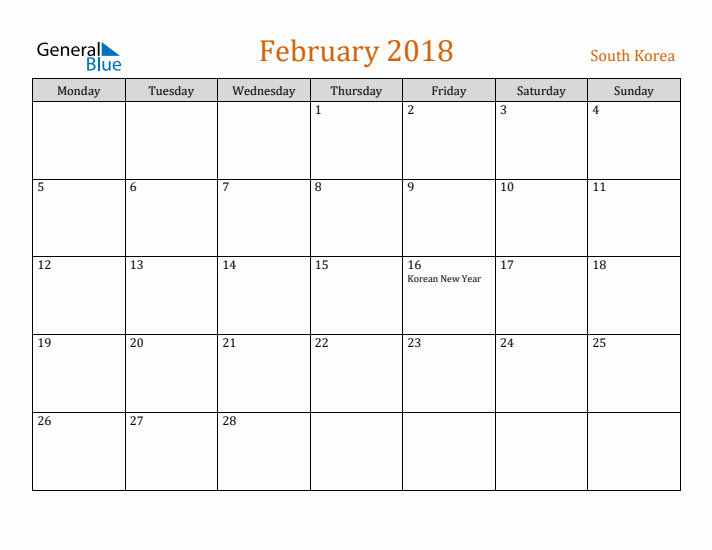 February 2018 Holiday Calendar with Monday Start