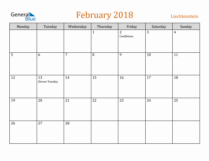 February 2018 Holiday Calendar with Monday Start