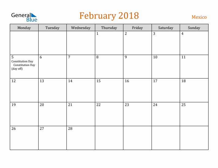 February 2018 Holiday Calendar with Monday Start