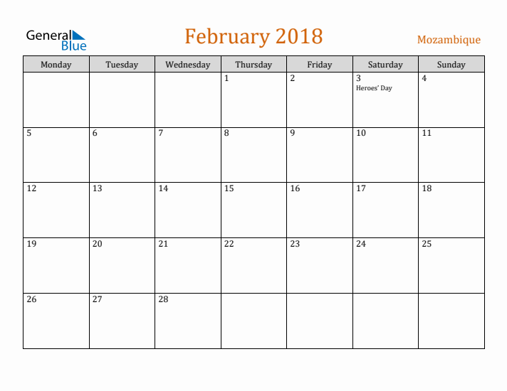 February 2018 Holiday Calendar with Monday Start