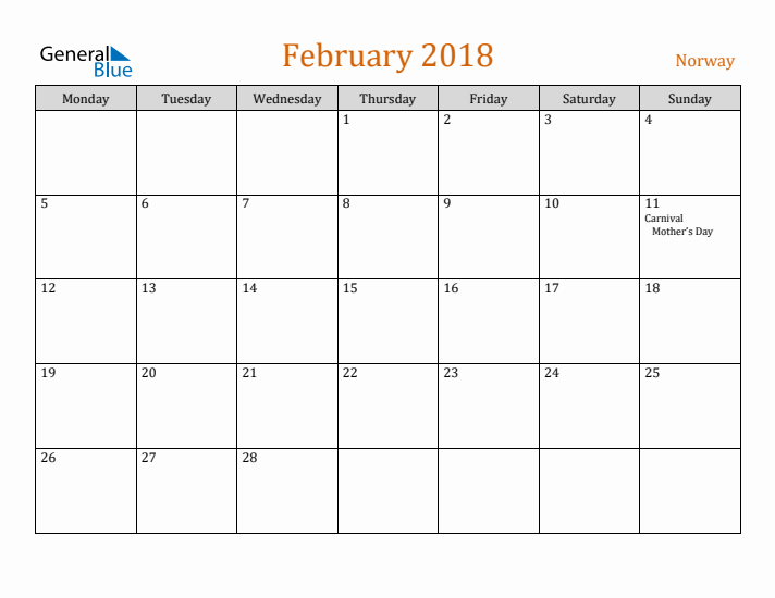 February 2018 Holiday Calendar with Monday Start