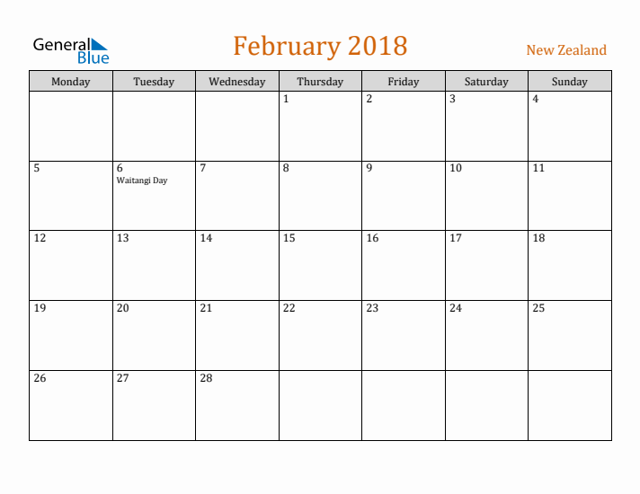 February 2018 Holiday Calendar with Monday Start