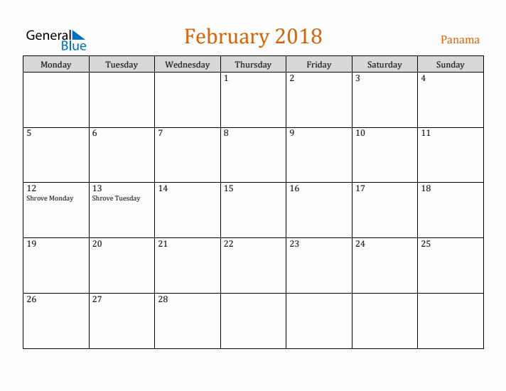 February 2018 Holiday Calendar with Monday Start