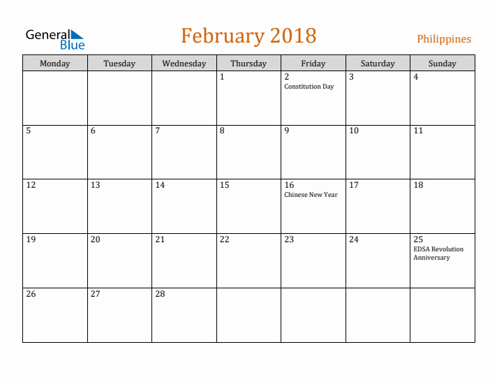 February 2018 Holiday Calendar with Monday Start