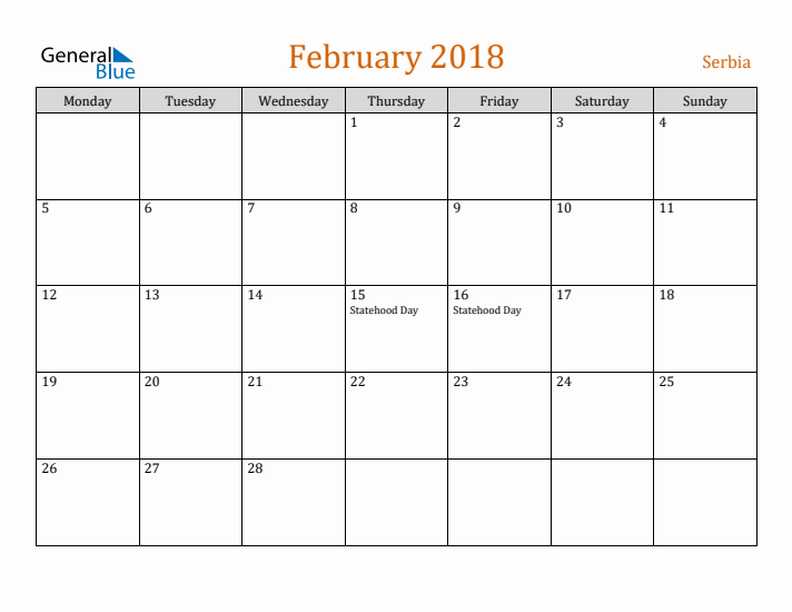 February 2018 Holiday Calendar with Monday Start