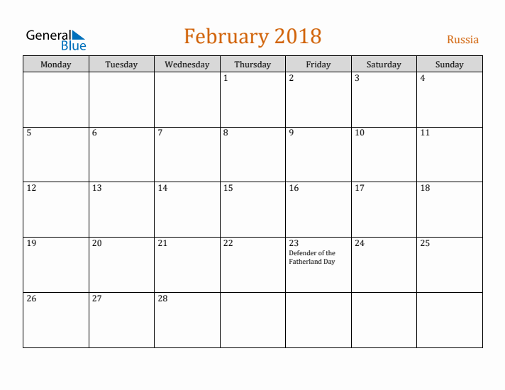 February 2018 Holiday Calendar with Monday Start