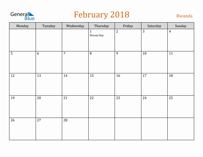 February 2018 Holiday Calendar with Monday Start