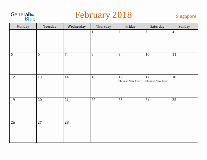 February 2018 Holiday Calendar with Monday Start