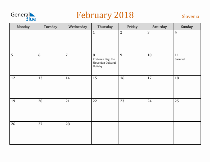 February 2018 Holiday Calendar with Monday Start