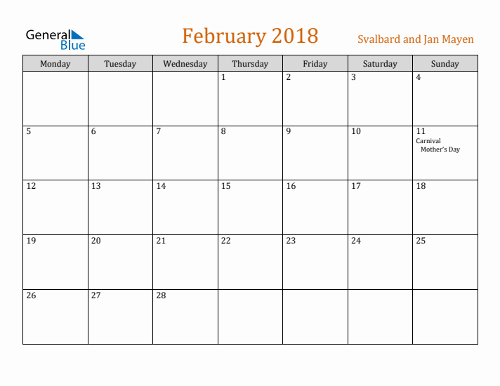 February 2018 Holiday Calendar with Monday Start