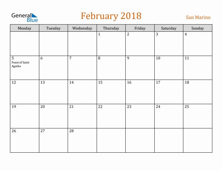 February 2018 Holiday Calendar with Monday Start