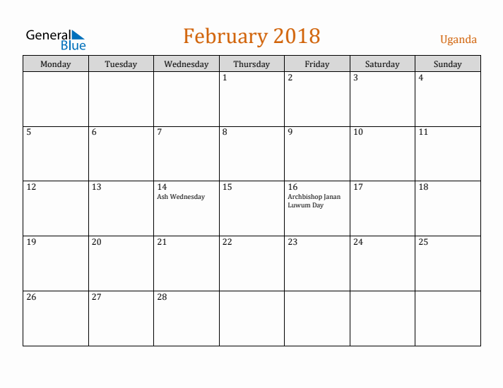 February 2018 Holiday Calendar with Monday Start