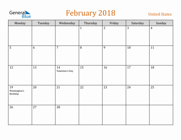 February 2018 Holiday Calendar with Monday Start