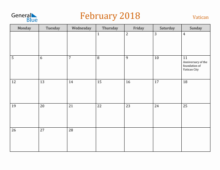 February 2018 Holiday Calendar with Monday Start