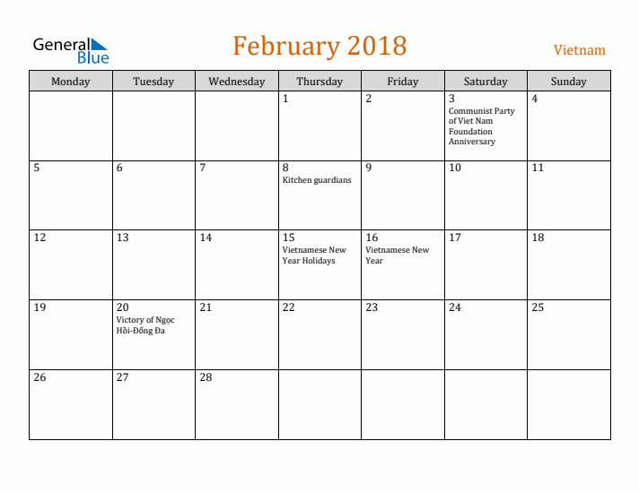 February 2018 Holiday Calendar with Monday Start