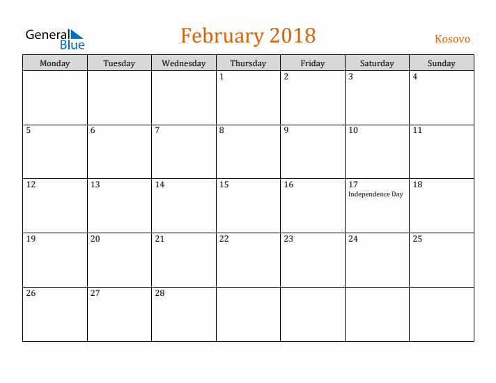 February 2018 Holiday Calendar with Monday Start