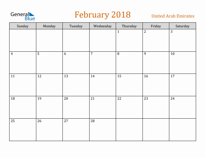 February 2018 Holiday Calendar with Sunday Start