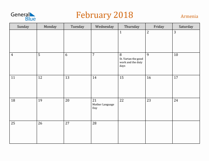 February 2018 Holiday Calendar with Sunday Start