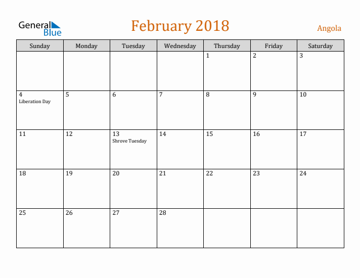 February 2018 Holiday Calendar with Sunday Start