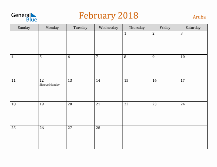 February 2018 Holiday Calendar with Sunday Start