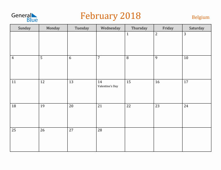 February 2018 Holiday Calendar with Sunday Start