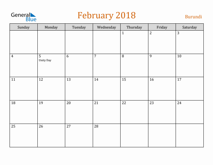 February 2018 Holiday Calendar with Sunday Start