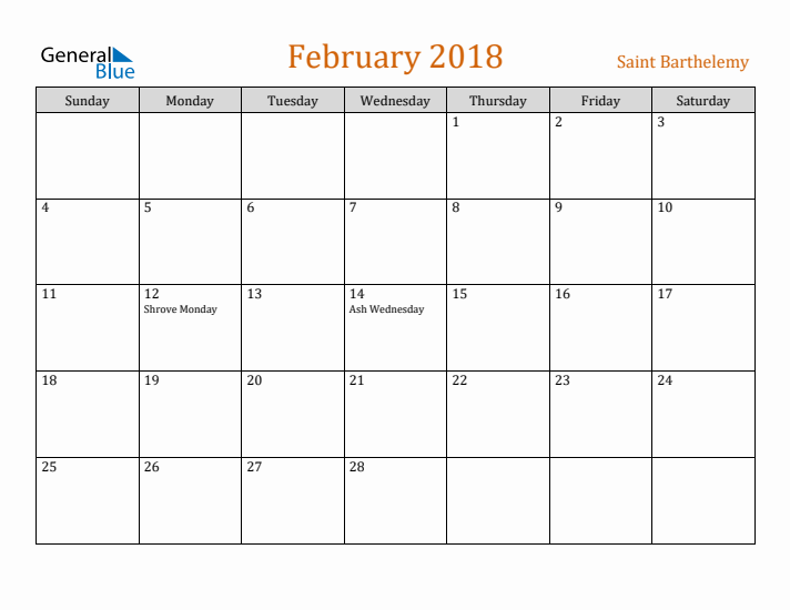 February 2018 Holiday Calendar with Sunday Start