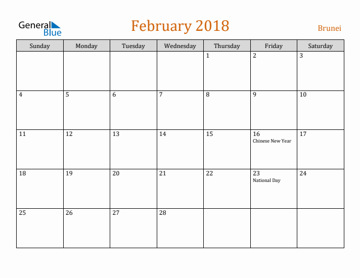 February 2018 Holiday Calendar with Sunday Start