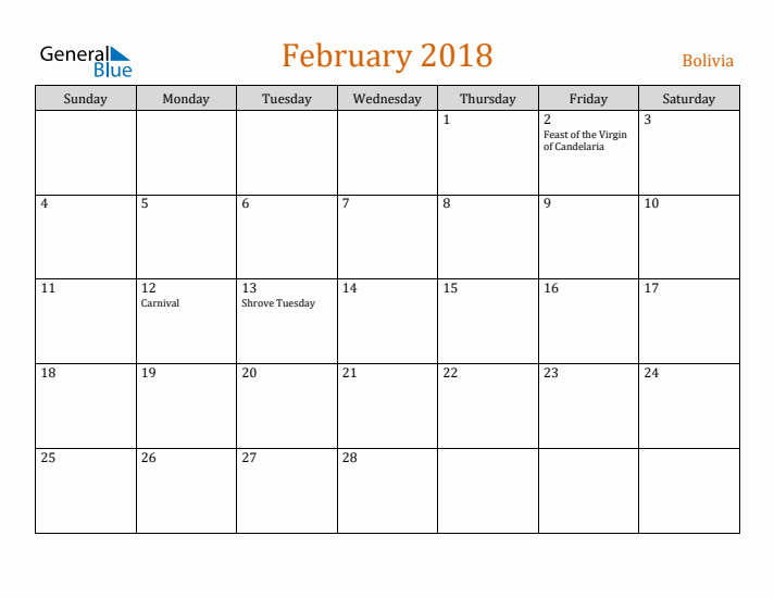 February 2018 Holiday Calendar with Sunday Start