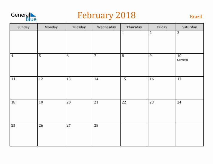 February 2018 Holiday Calendar with Sunday Start