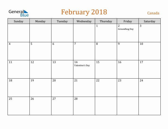 February 2018 Holiday Calendar with Sunday Start