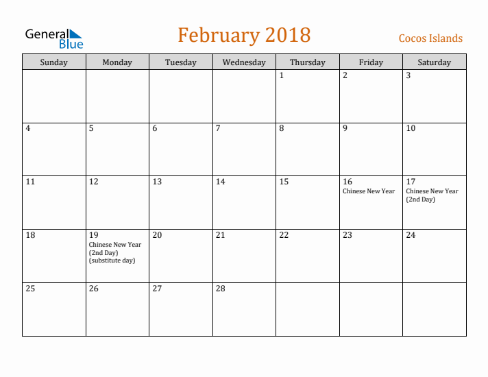 February 2018 Holiday Calendar with Sunday Start