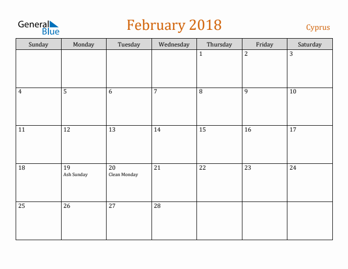 February 2018 Holiday Calendar with Sunday Start