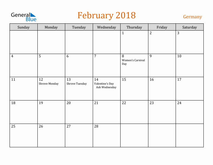 February 2018 Holiday Calendar with Sunday Start