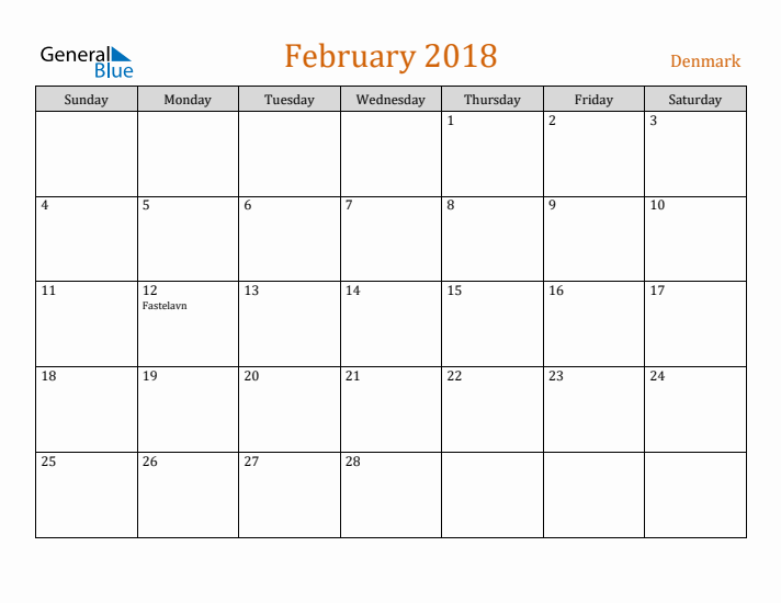 February 2018 Holiday Calendar with Sunday Start