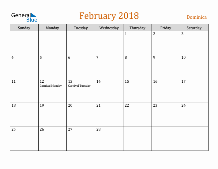 February 2018 Holiday Calendar with Sunday Start