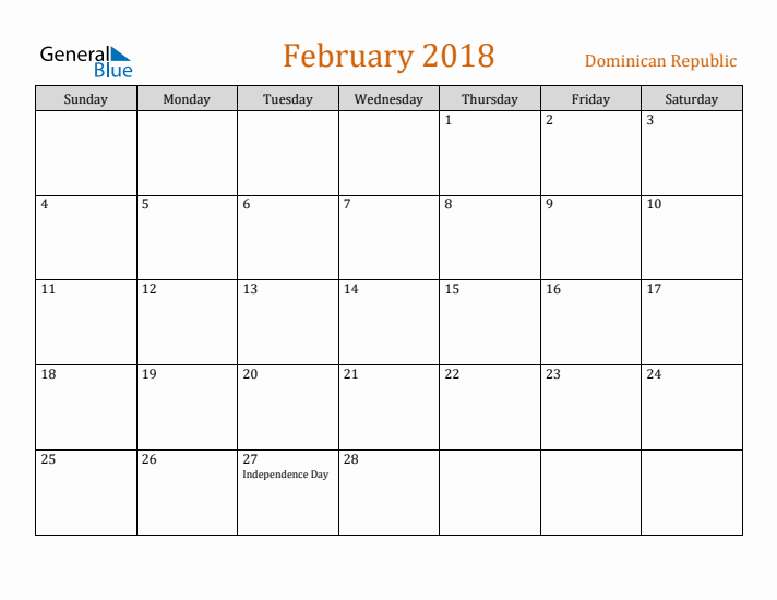 February 2018 Holiday Calendar with Sunday Start