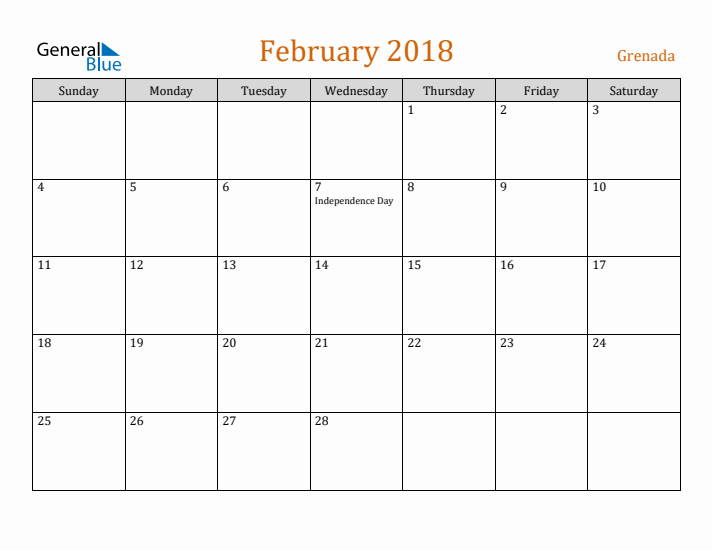 February 2018 Holiday Calendar with Sunday Start