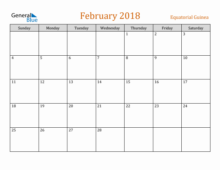 February 2018 Holiday Calendar with Sunday Start