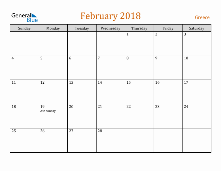 February 2018 Holiday Calendar with Sunday Start