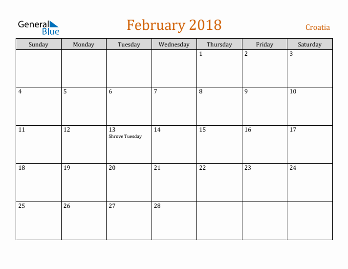 February 2018 Holiday Calendar with Sunday Start