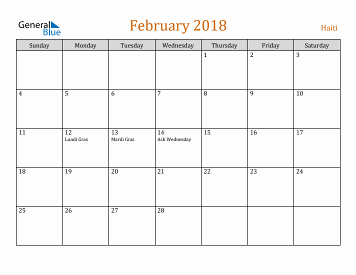 February 2018 Holiday Calendar with Sunday Start