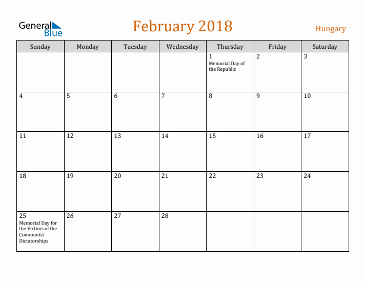 February 2018 Holiday Calendar with Sunday Start