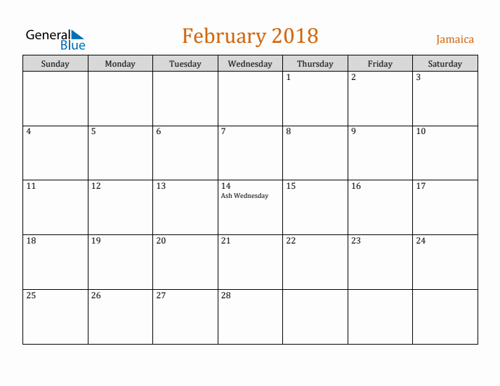 February 2018 Holiday Calendar with Sunday Start