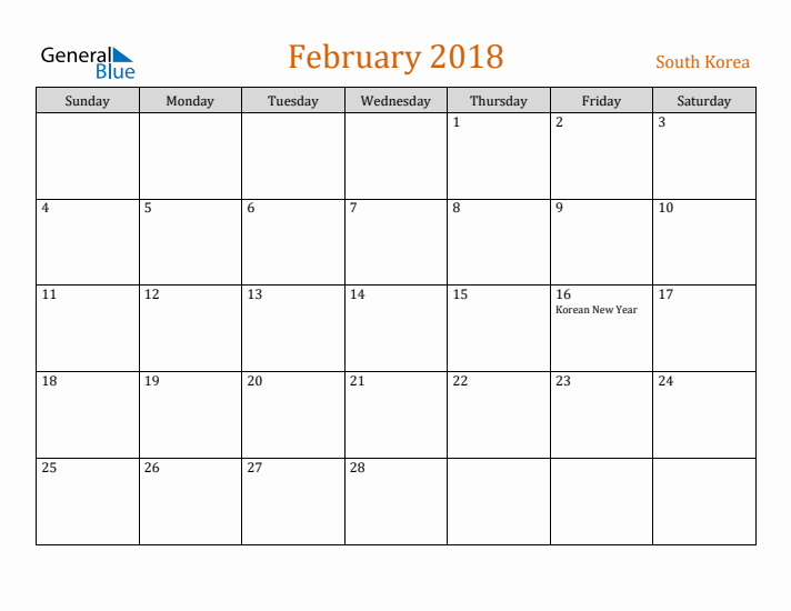 February 2018 Holiday Calendar with Sunday Start