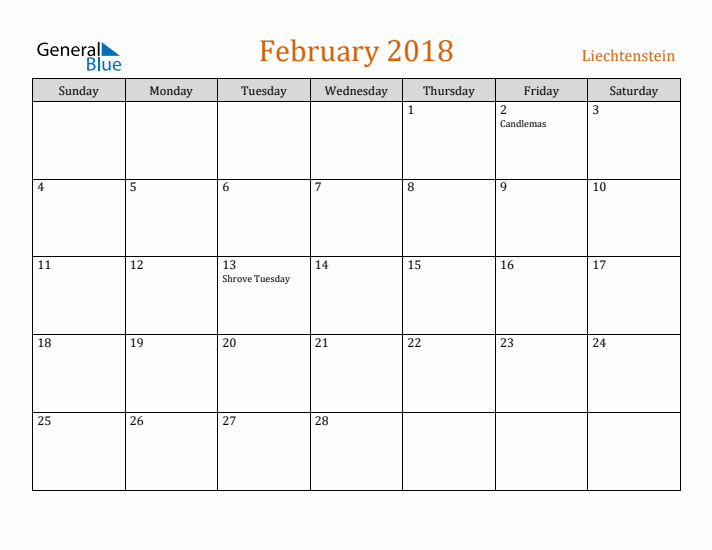 February 2018 Holiday Calendar with Sunday Start