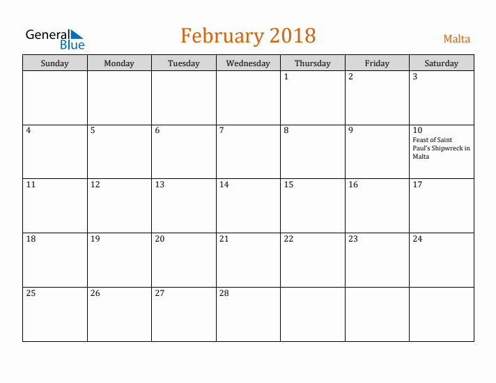 February 2018 Holiday Calendar with Sunday Start