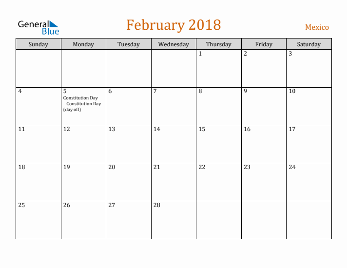 February 2018 Holiday Calendar with Sunday Start