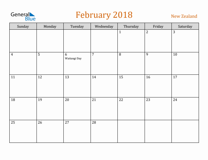 February 2018 Holiday Calendar with Sunday Start