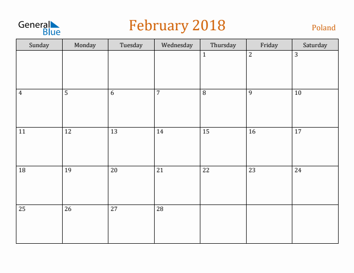 February 2018 Holiday Calendar with Sunday Start